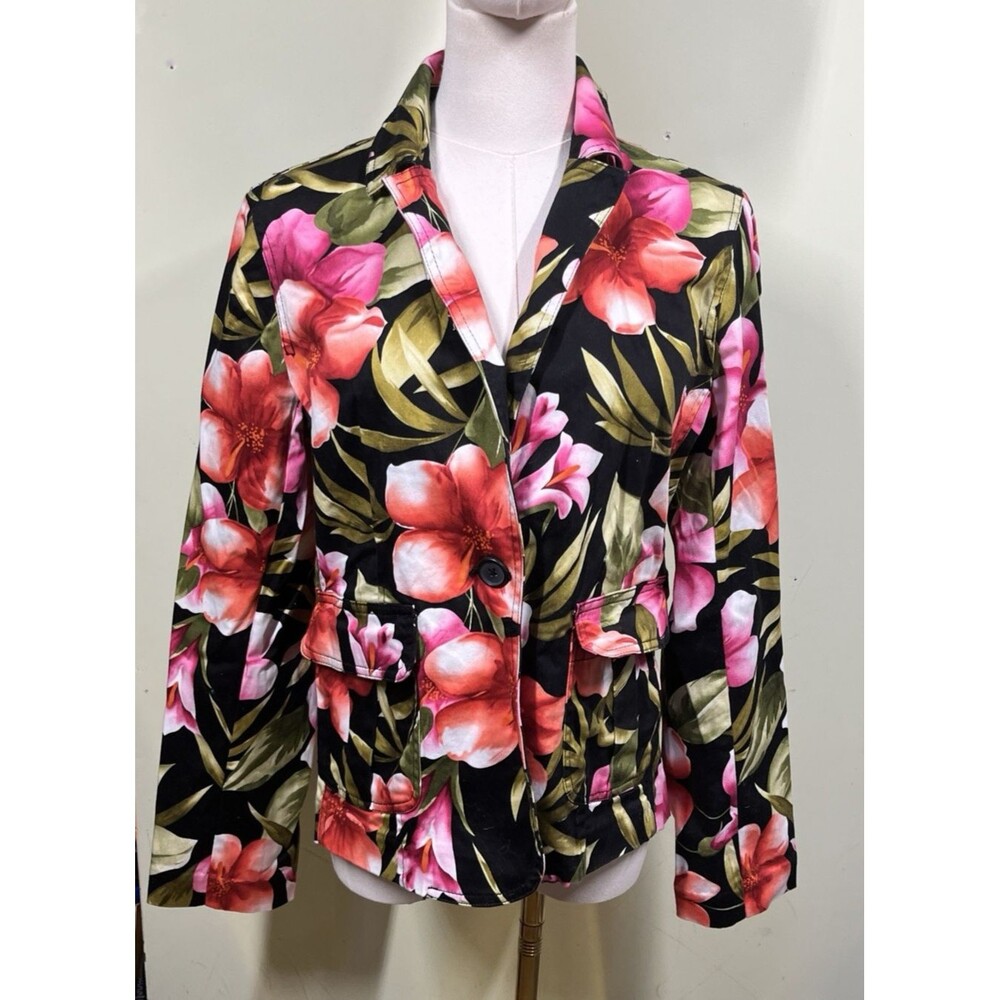Caribbean Joe Size Small Jacket Blazer Tropical Floral Long Sleeve Front Pockets